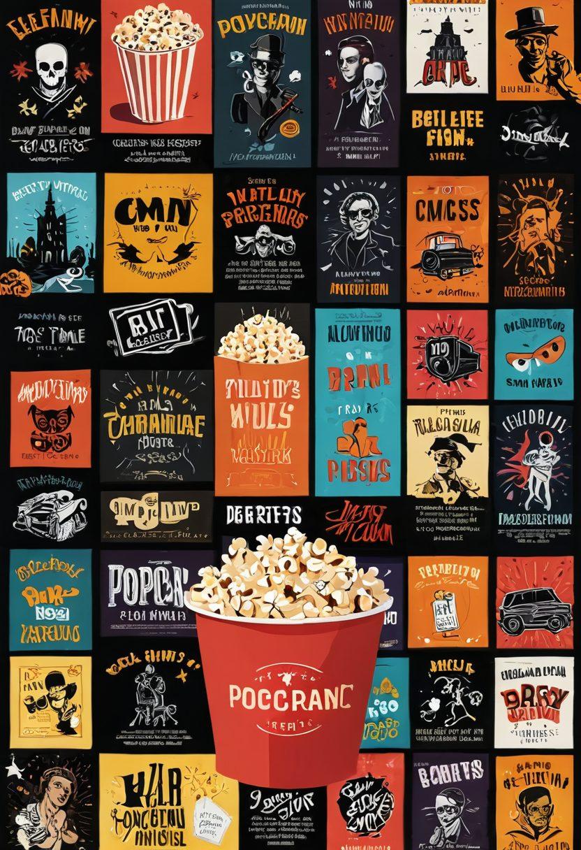 A collage featuring a diverse array of film genres, including a thrilling action scene, a heartfelt romantic moment, a spooky horror setting, and a light-hearted comedy snapshot. Overlay an elegant film reel with glowing highlights of film critics discussing reviews and upcoming releases. The background should have a cinematic vibe with vibrant colors that evoke excitement and anticipation. Incorporate elements like popcorn, 3D glasses, and a vintage projector. super-realistic. vibrant colors. cinematic.