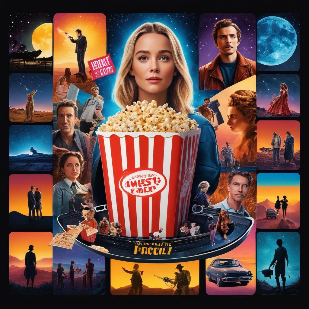 A dynamic collage of iconic movie scenes from various genres in 2023, featuring characters and vibrant cinematic moments. Include a film reel weaving through the scenes, with a popcorn bucket and tickets to capture the excitement of movie watching. Incorporate a starry night sky, symbolizing the magic of cinema, blending with bold text displaying 'Must-See Films 2023'. vibrant colors. super-realistic. cinematic style.