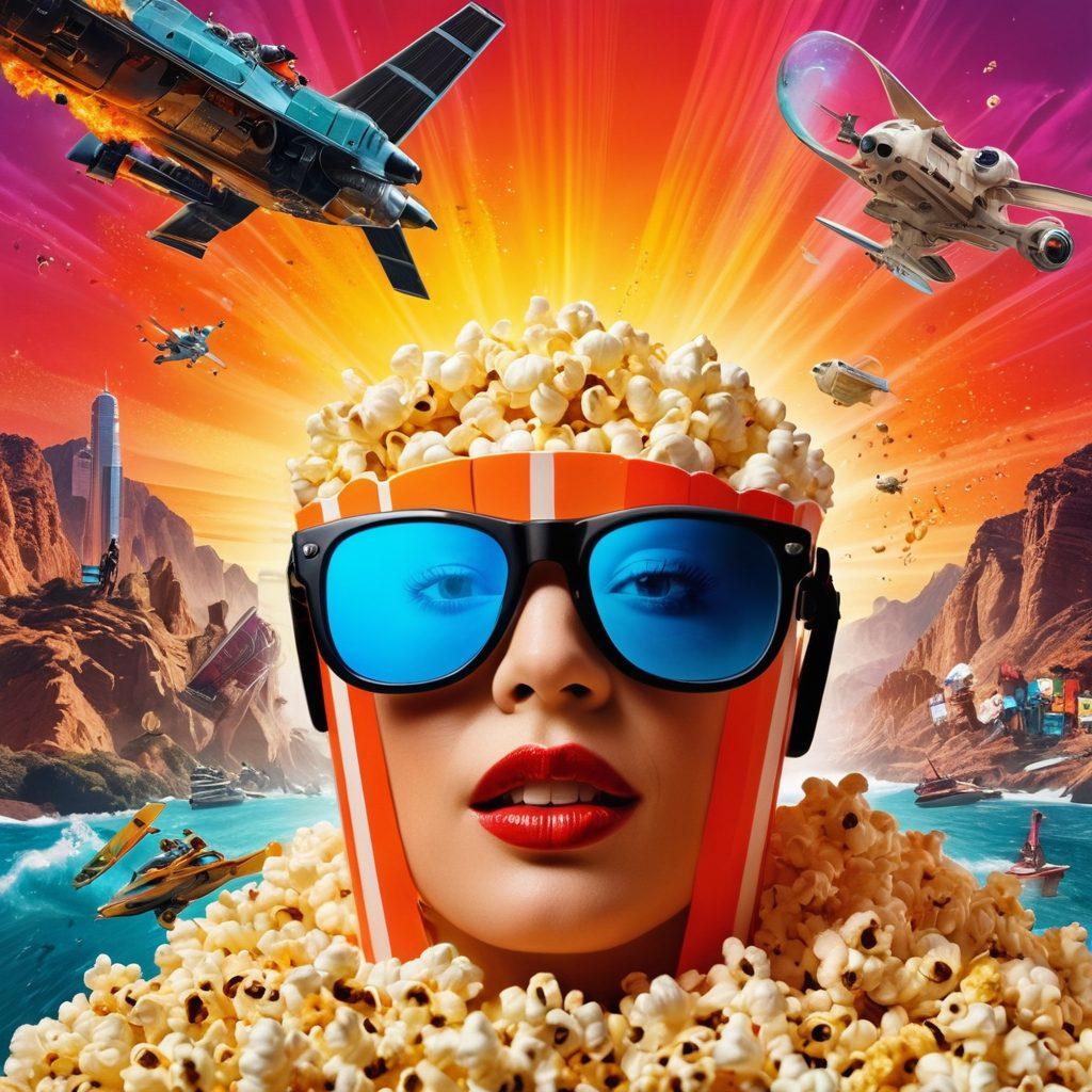 A dynamic collage featuring iconic movie scenes from diverse genres, such as action, drama, and sci-fi, all blended together with vibrant colors. Include a film reel spiraling through the image, with trending movie posters and the text 'Stay Ahead of the Curve' artistically integrated. Incorporate elements like popcorn and 3D glasses to enhance the cinema vibe. super-realistic. vibrant colors. cinematic style.